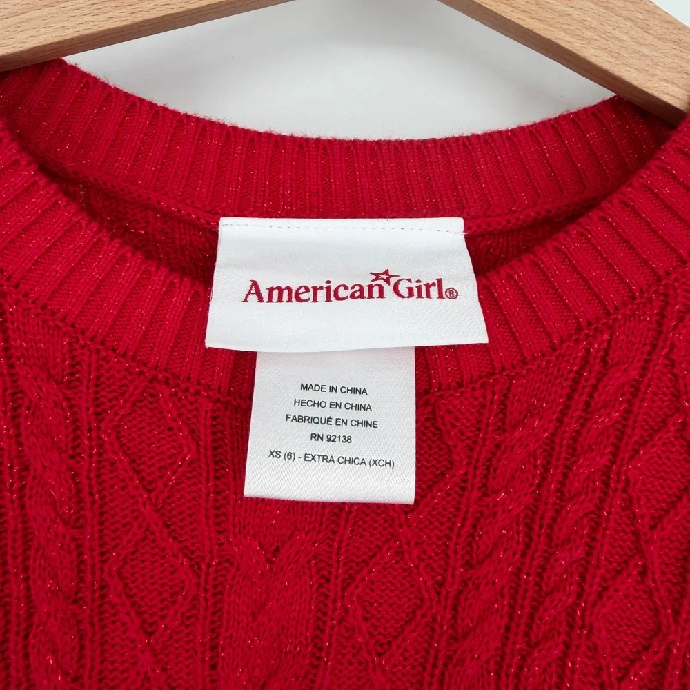 American Girl Red Crimson Sparkle Sweater Dress Sz 6 Cable Knit Tulle Skirt